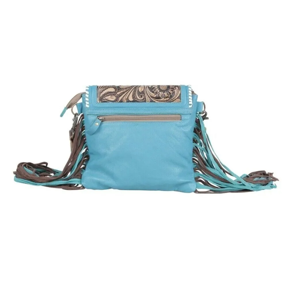 Myra Bag Handmade Misty Hand Tooled Bag Upcycled Canvas & Cowhide Leather